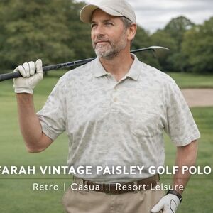 Farah Vintage Paisley Polo Shirt 3XL Gray Beige Golf Casual Retro Short Sleeve